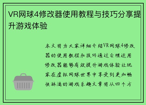 VR网球4修改器使用教程与技巧分享提升游戏体验