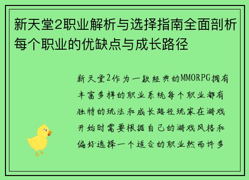 新天堂2职业解析与选择指南全面剖析每个职业的优缺点与成长路径